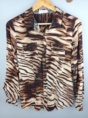 Calvin Klein Brown Tiger Print Button-Up Blouse